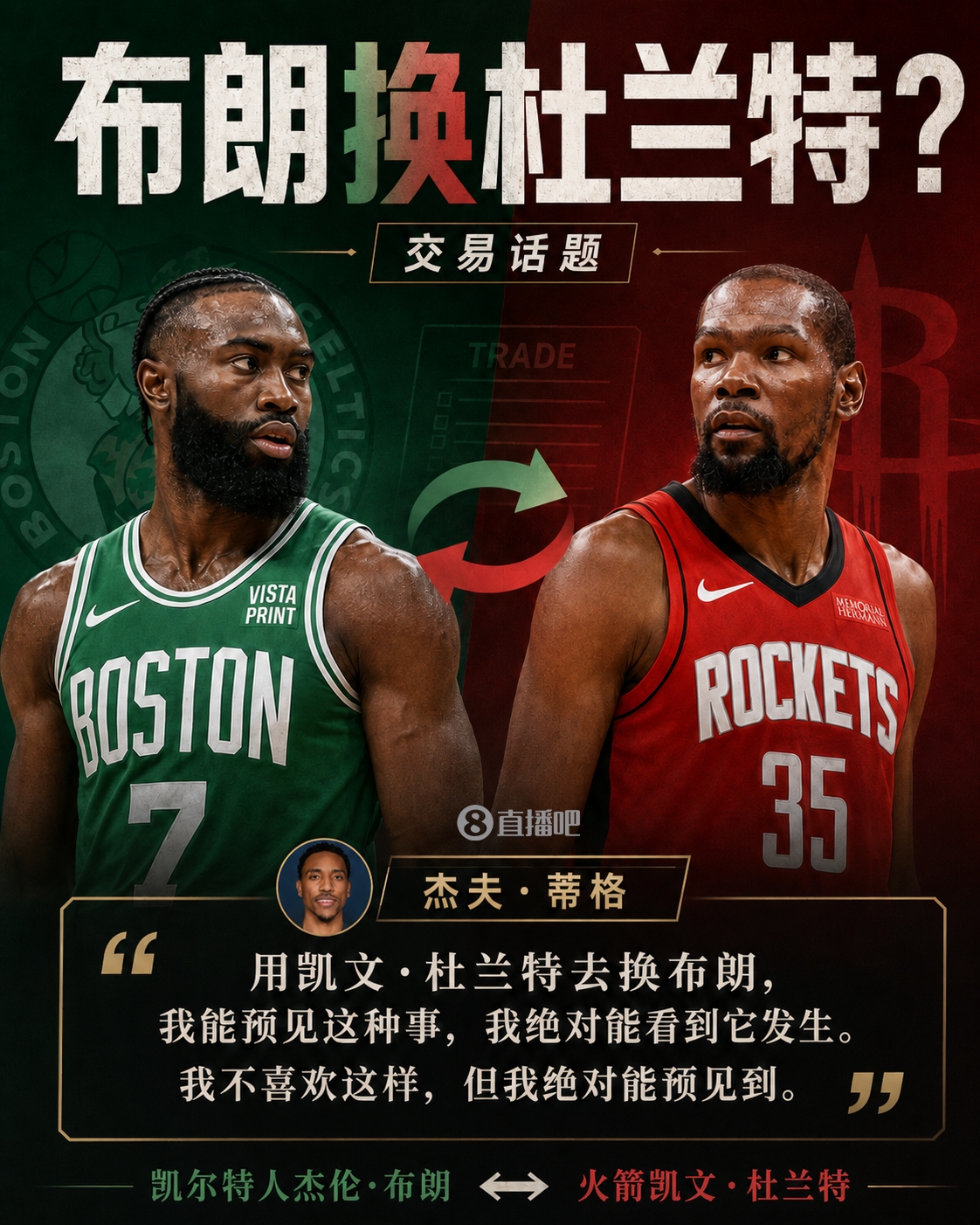 leyu体育app-29岁换37岁？蒂格：我能预见KD与杰伦·布朗互换 这绝对有可能